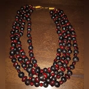 Elegant Black and Red Glass Beaded Four Strand Necklace